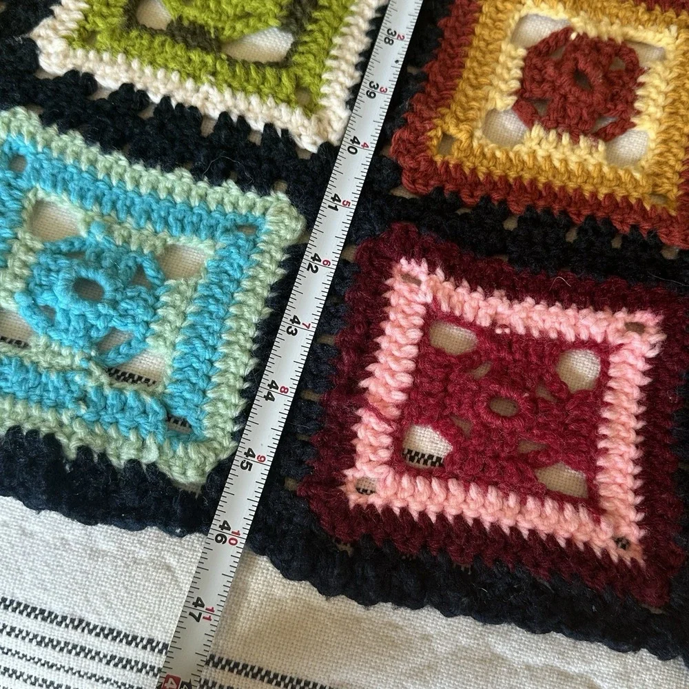 VTG Crochet Granny Square Roseanne Black Multicolor Afghan Throw Blanket 70